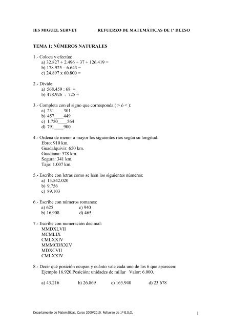 1 TEMA 1: NÚMEROS NATURALES 1.- Coloca y efectúa ... - matesap