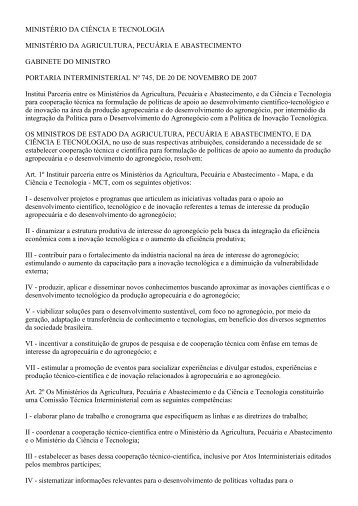 Portaria Interministerial MCT/MAPA nº 745/07: Agenda Positiva