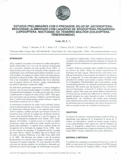 estudos preliminares com o predador zelus sp. - Ainfo - Embrapa