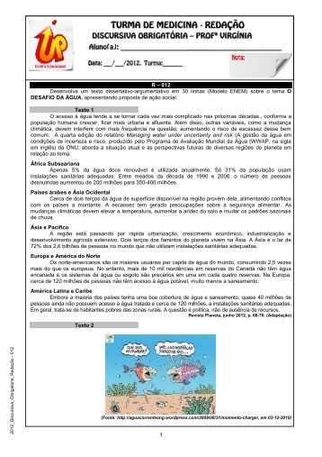 012 Desenvolva um texto dissertativo-argumentativo em 30 linhas