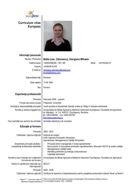 Curriculum vitae Europass - USAMV Cluj-Napoca