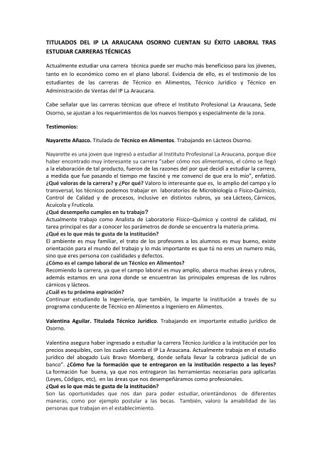 Leer testimonios - Instituto Profesional - La Araucana