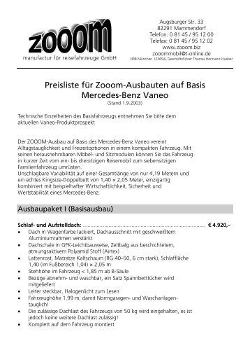 Preisliste Zooom-Ausbauten auf Basis Mercedes-Benz Vaneo