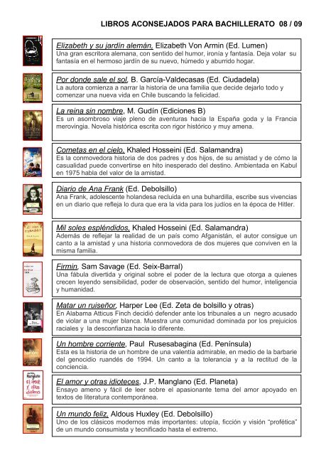 Libros Aconsejados Para Bachillerato 08 09 Elizabeth