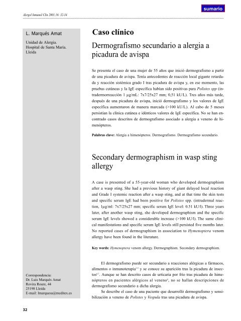 Dermografismo secundario a alergia a picadura de avispa ...