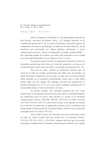 R., Nicolás Adrián s/encubrimiento S.C. Comp. n° 163 L. XLV S ...
