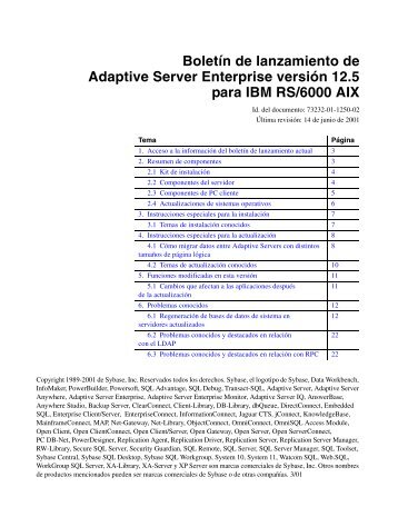 Boletín de lanzamiento de Adaptive Server Enterprise versión 12.5 ...