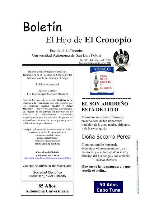 Boletín "El hijo del Cronopio", Número 339 - Facultad de Ciencias  ...