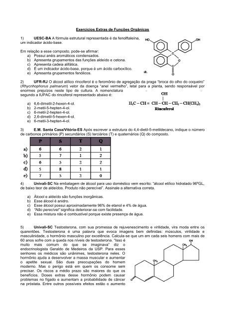 Exercícios Extras de Funções Orgânicas 1) UESC-BA ... - Educacional