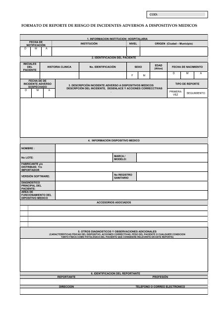 formato de reporte de riesgo de incidentes adversos a dispositivos ...