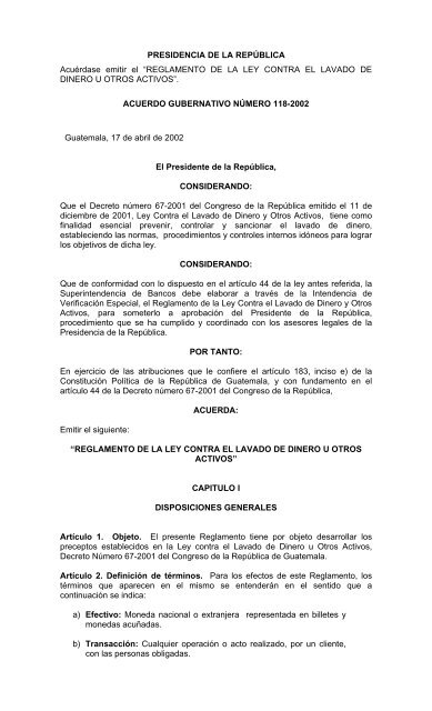 Reglamento de la Ley Contra el Lavado de Dinero u Otro Activos