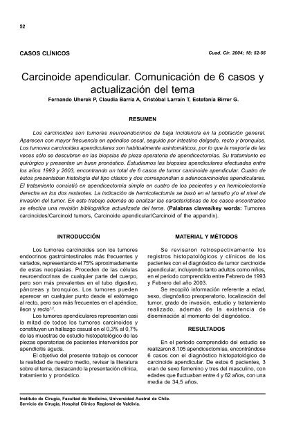 Carcinoide apendicular: Comunicación de 6 casos y actualización ...