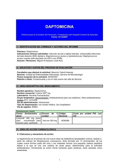 Informe Daptomicina - Hospital Universitario Central de Asturias