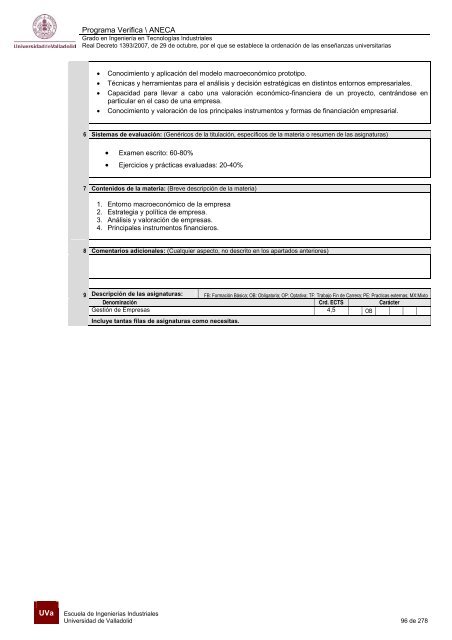 Plan - Escuela de Ingenierías Industriales - Universidad de Valladolid