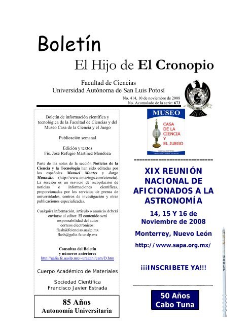 Boletín "El hijo del Cronopio", Número 414 - Facultad de Ciencias ...