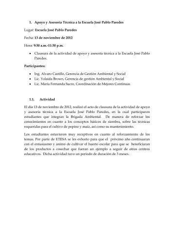 Apoyo y Asesoría Técnica a la Escuela José Pablo Paredes - ETESA