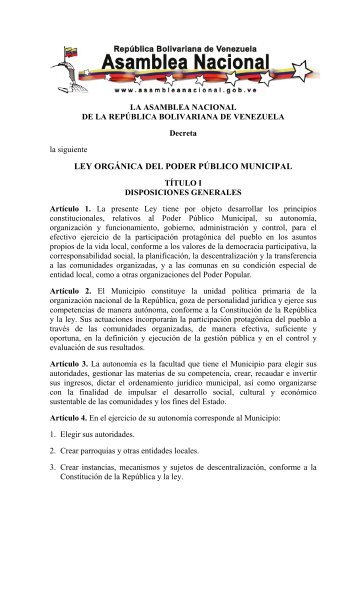 Ley Orgánica del Poder Público Municipal - Consejo Nacional ...