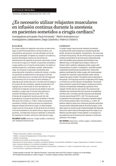 ¿Es necesario utilizar relajantes musculares en infusión ... - SciELO