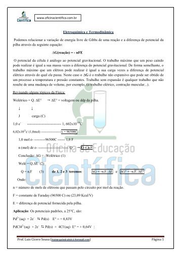 Eletroquímica e Termodinâmica Podemos relacionar a variação de ...