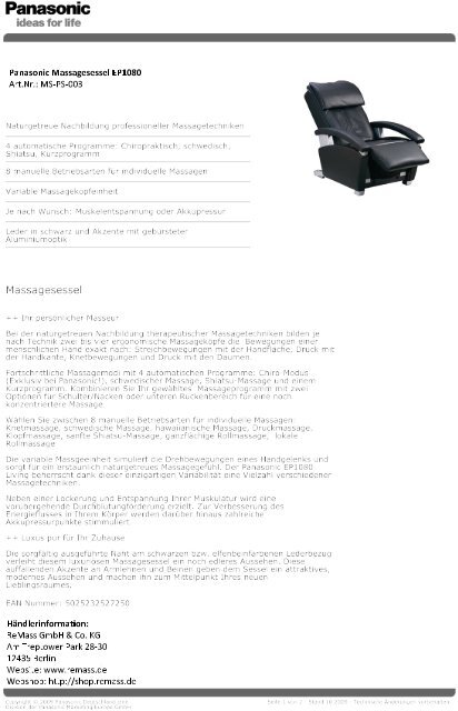 Panasonic Datenblatt Massagesessel EP1080 ReMass