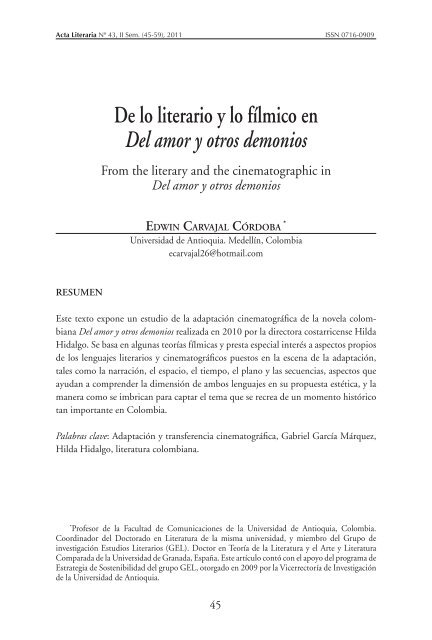 De lo literario y lo fílmico en Del amor y otros demonios - SciELO