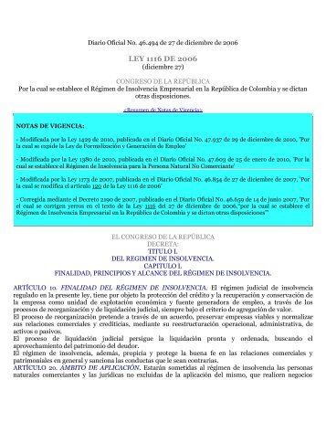 LEY 1116 DE 2006 - Superintendencia de Industria y Comercio