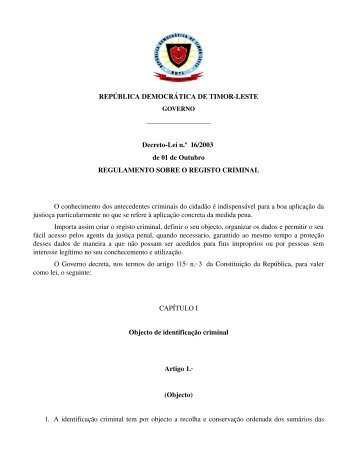REPÚBLICA DEMOCRÁTICA DE TIMORLESTE DecretoLei n.º 16 ...