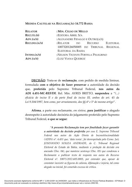 Leia a íntegra da decisão - Supremo Tribunal Federal