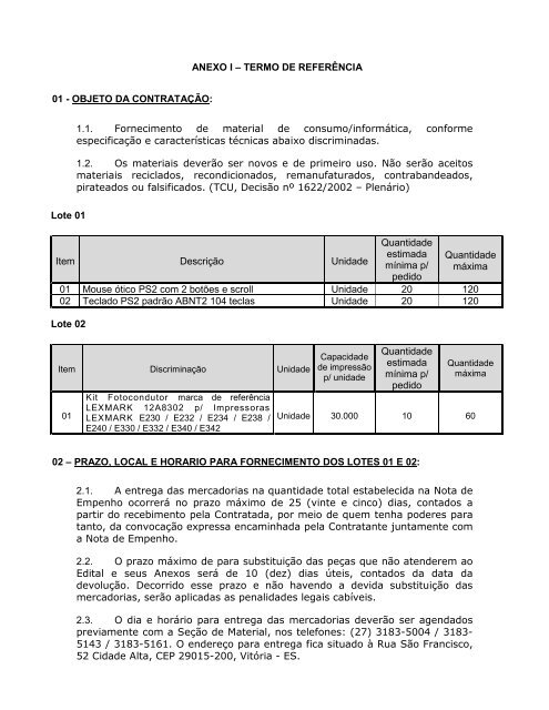 ANEXO I – TERMO DE REFERÊNCIA 01 - OBJETO DA ...