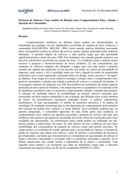 1 Pirataria de Software: Uma Análise da Relação entre ... - Anpad