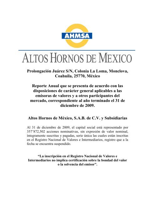 Reporte Anual 2009 - Altos Hornos de México