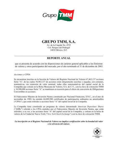 GRUPO TMM, S.A. - Consulta Bitácora para BMV - CNBV