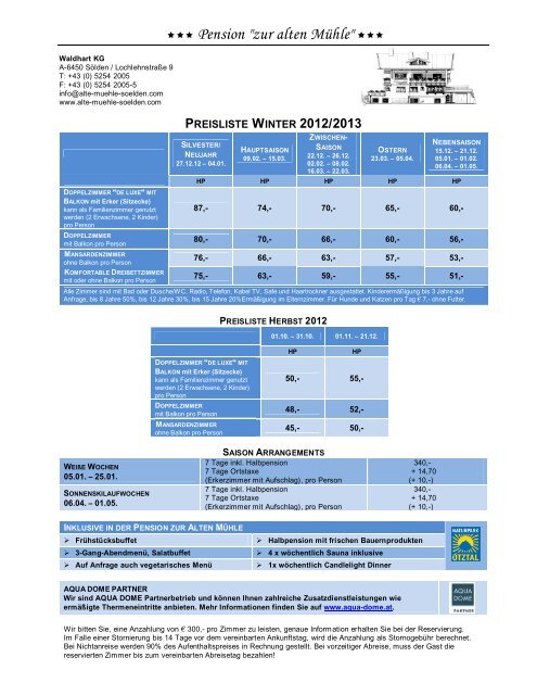 PREISLISTE WINTER 2012/2013 - Zur alten Mühle, Sölden