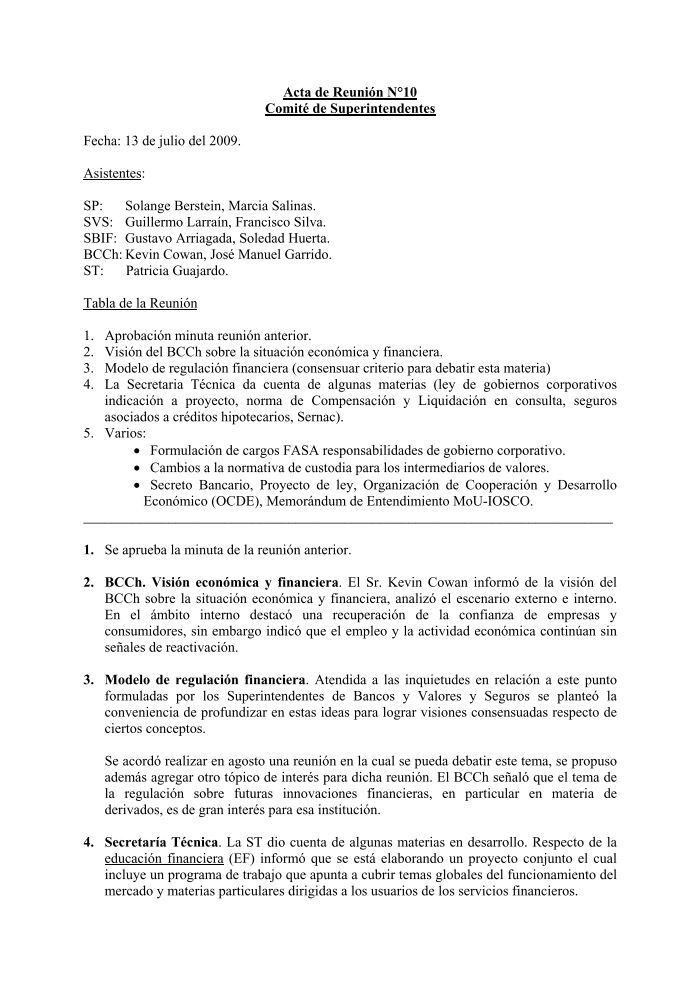 Acta de Reunión N°1 del Comité de Superintendentes Acta de Reunión N°1 del Comité de Superintendentes