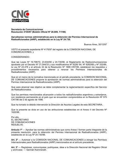 Resolución SC 3745/1997 - Comisión Nacional de Comunicaciones
