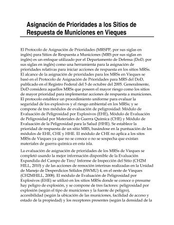 Asignación de Prioridades a los Sitios de Respuesta de Municiones ...