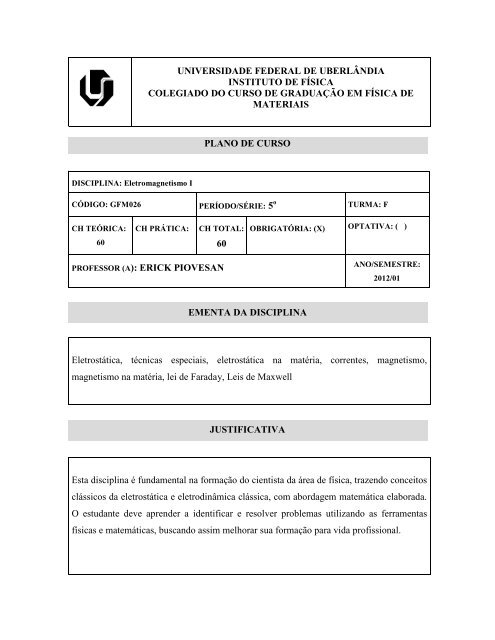 GFM026 - Eletromagnetismo I - Profº. Dr. Erick Piovesan