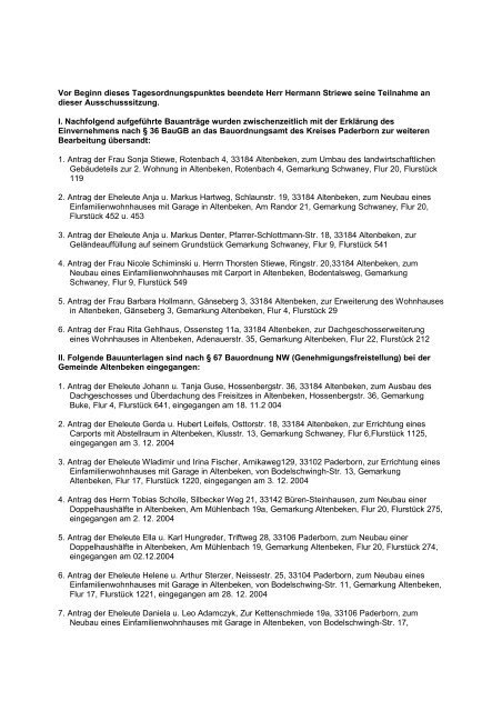 Vor Beginn Dieses Tagesordnungspunktes Gemeinde Altenbeken