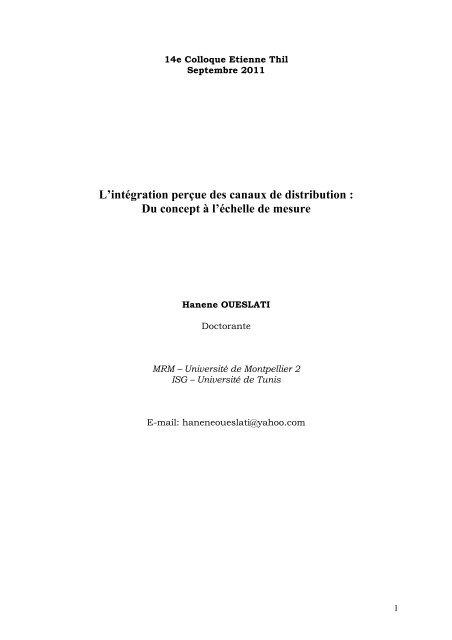 L'intégration perçue des canaux de distribution - Mémoire vivante du ...
