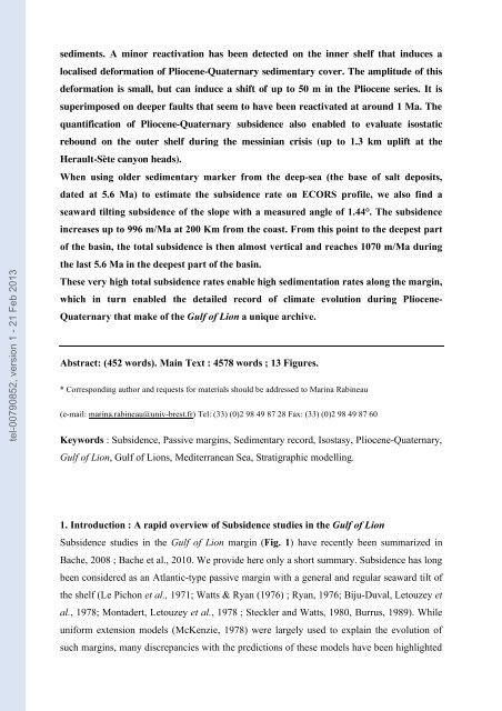 Quantification des flux sédimentaires et de la subsidence du bassin ...