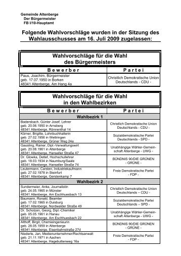 Folgende Wahlvorschläge wurden in der ... - Gemeinde Altenberge