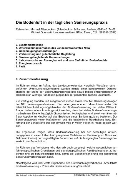 Sanierungsziele in der Bodenluft - Altenbockum & Partner