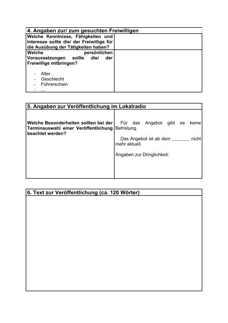 Fragebogen für Organisationen, die eine Tätigkeit für Freiwillige