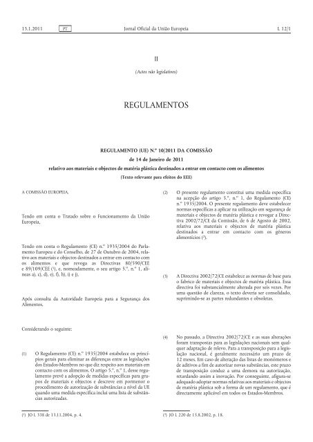 Regulamento (UE) n.o 10/2011 da Comissão, de 14 Janeiro de ...
