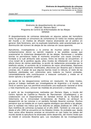 Asunto: Informe sobre SDC Síndrome de despoblamiento ... - Senasa