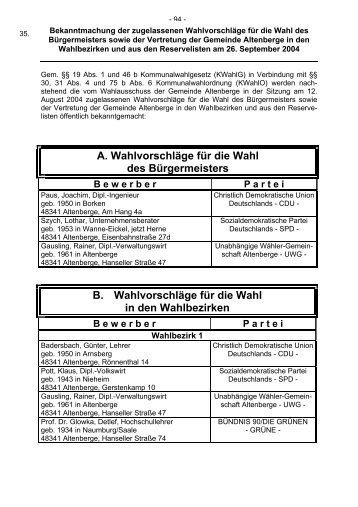 A. Wahlvorschläge für die Wahl des ... - Gemeinde Altenberge