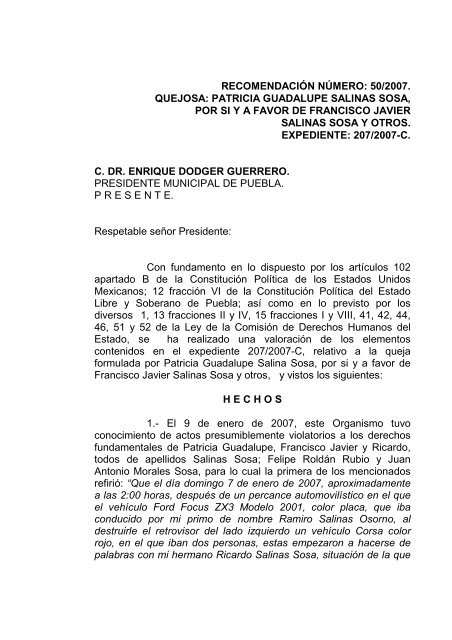 50/2007. quejosa: patricia guadalupe salinas sosa, por si ya favor ...