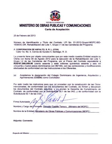 Carta Aceptación y Convenio Obras lote 1, Grupo I-2, COA - MOPC ...