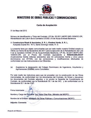 Carta Aceptación y Convenio Rizek - Ministerio de Obras Públicas y ...
