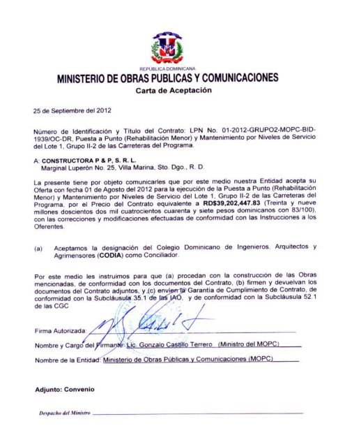 Carta Aceptación y Convenio Obras lote 1, Grupo II-2 P & P